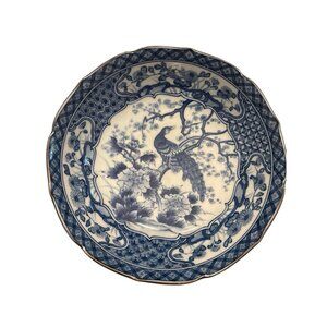 Vintage Toyo Japan Chinoiserie Blue Peacock Transferware Charger 10” Signed